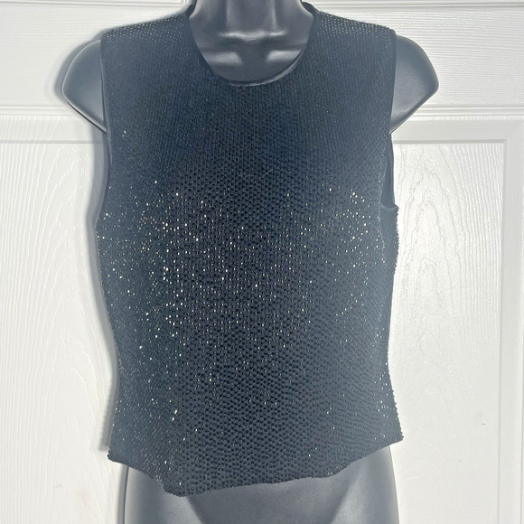Vintage 80s Kasper ASL Shirt Women Petite Large Black Beaded Wool Blend Tank Top - Picture 1 of 9